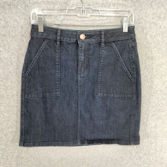 Ann Taylor LOFT Denim Skirt Womens Sz 0 Blue Dark Wash Mini Solid Casual Stretch - Picture 1 of 9